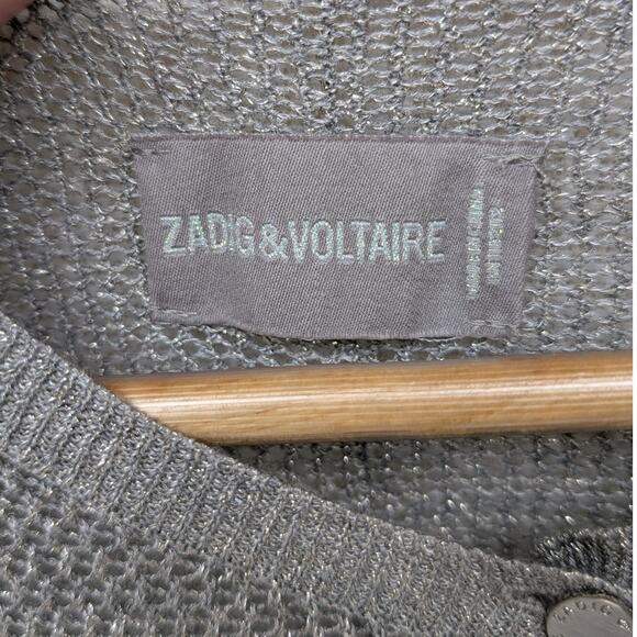 ZADIG & VOLTAIRE Silver Metallic Sheer Knit Long Sleeve Button Cardigan, size S - Picture 3 of 6